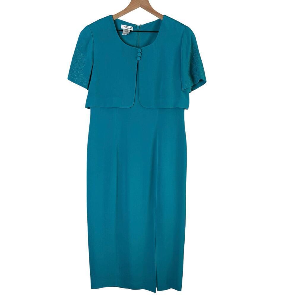 Talbots Vintage Silk Midi Dress in Teal with Attached Short Sleeve Cardigan Sz 8